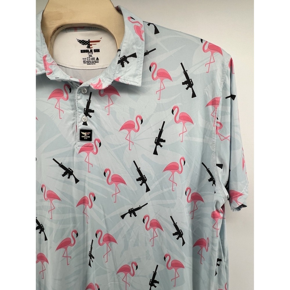 Eagle Six Gear Mens 2XL Flamingo Rifle Polo Shirt Light Blue Tactical Tropical